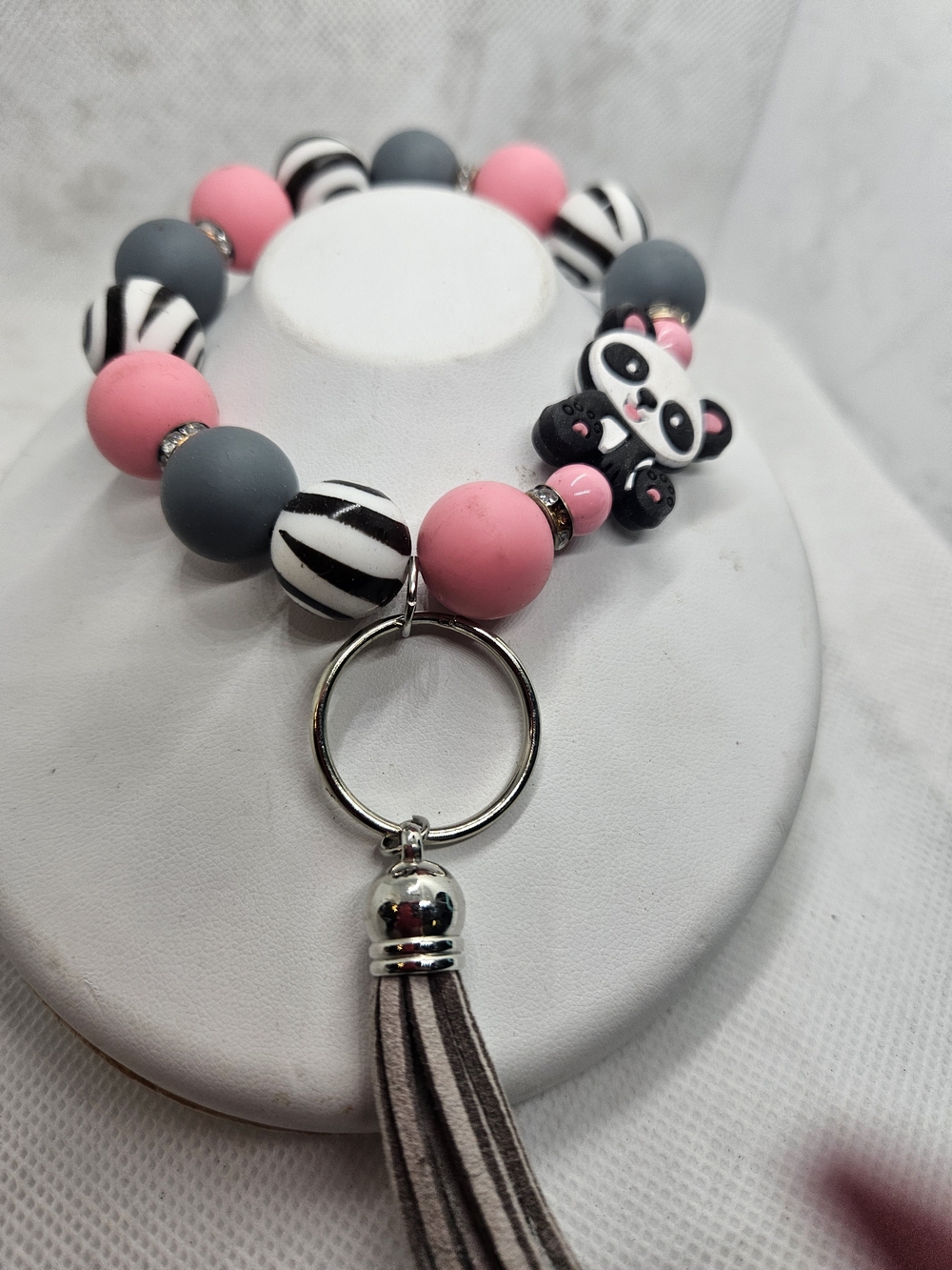 Pink & Gray Panda Beaded Keyring Wristlet